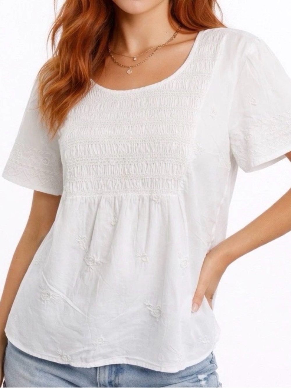 Lucky Brand Womens Boho Peasant Blouse XS White Cottagecore Embroidered Smocked - Picture 13 of 14